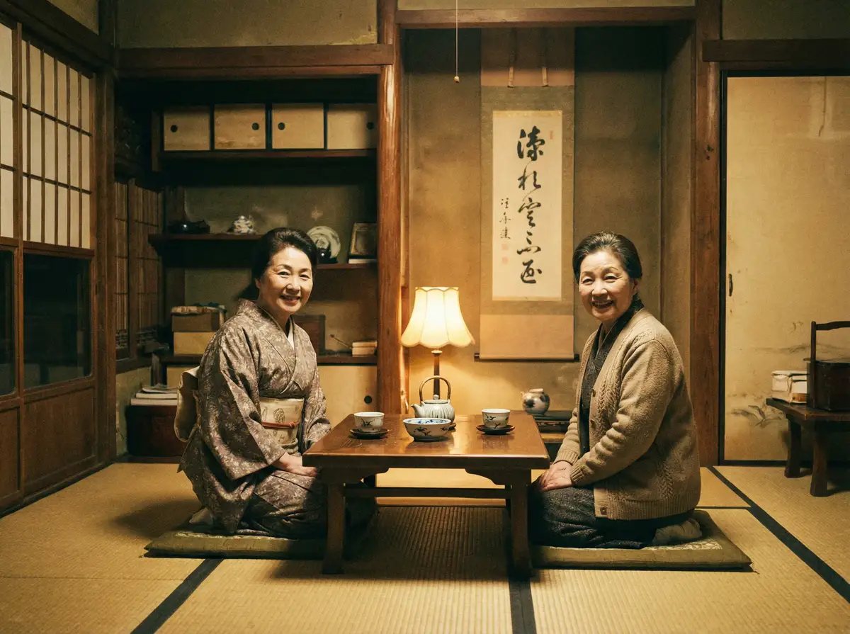 两位优雅的 尊龙平台 在日式茶室中品茶交谈